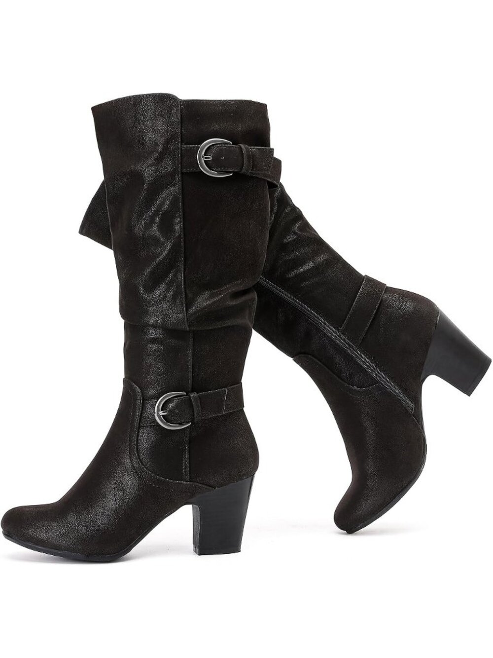 Women's Black Pu Knee High Boots Heeled Boots Chunky Heel Slouchy Round Toe